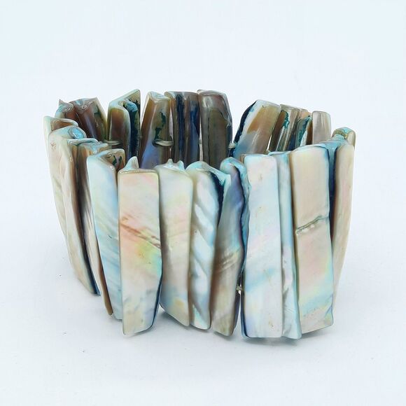 Vintage Mother of Pearl Abalone Wide Shell Stretch Bracelet Cream Brown Green - Picture 1 of 3